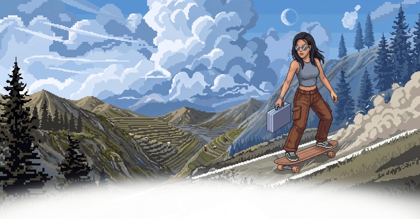 Pixel-art illustration of a woman skateboarding along a mountain road with a briefcase, terraced hills and pine trees behind her