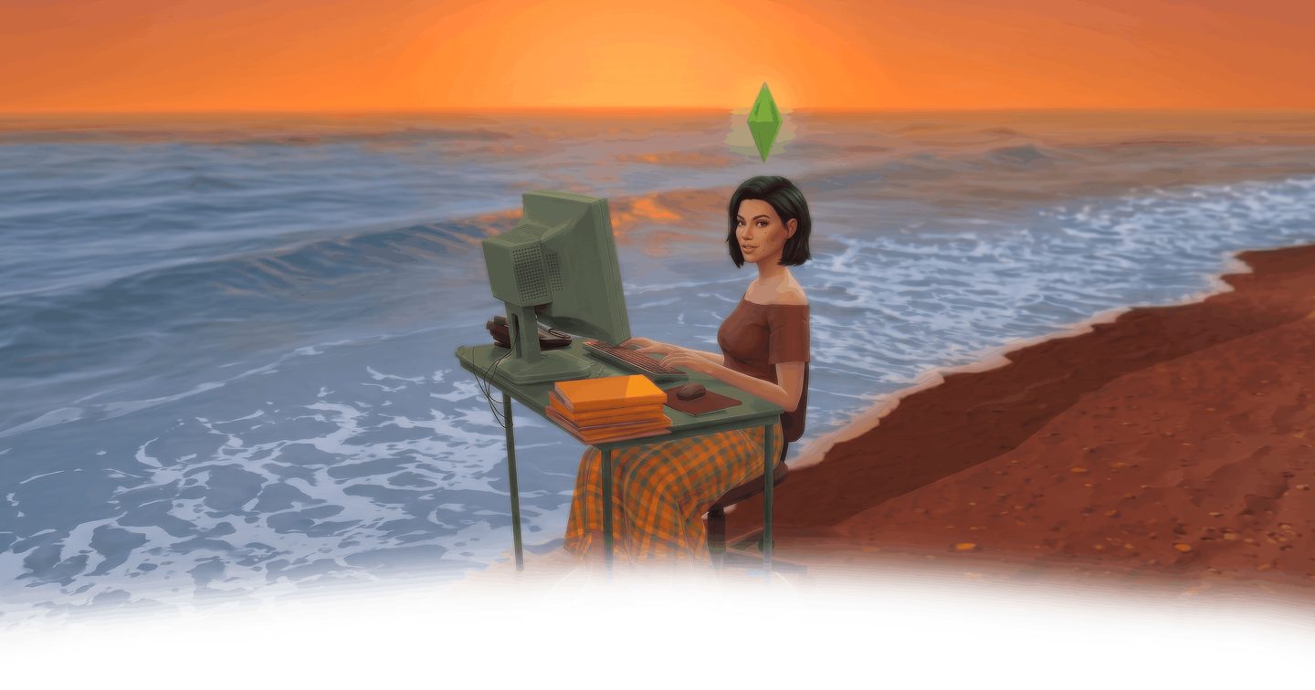 Illustration of a woman working at a computer on a beach at sunset, a green diamond floating above her
