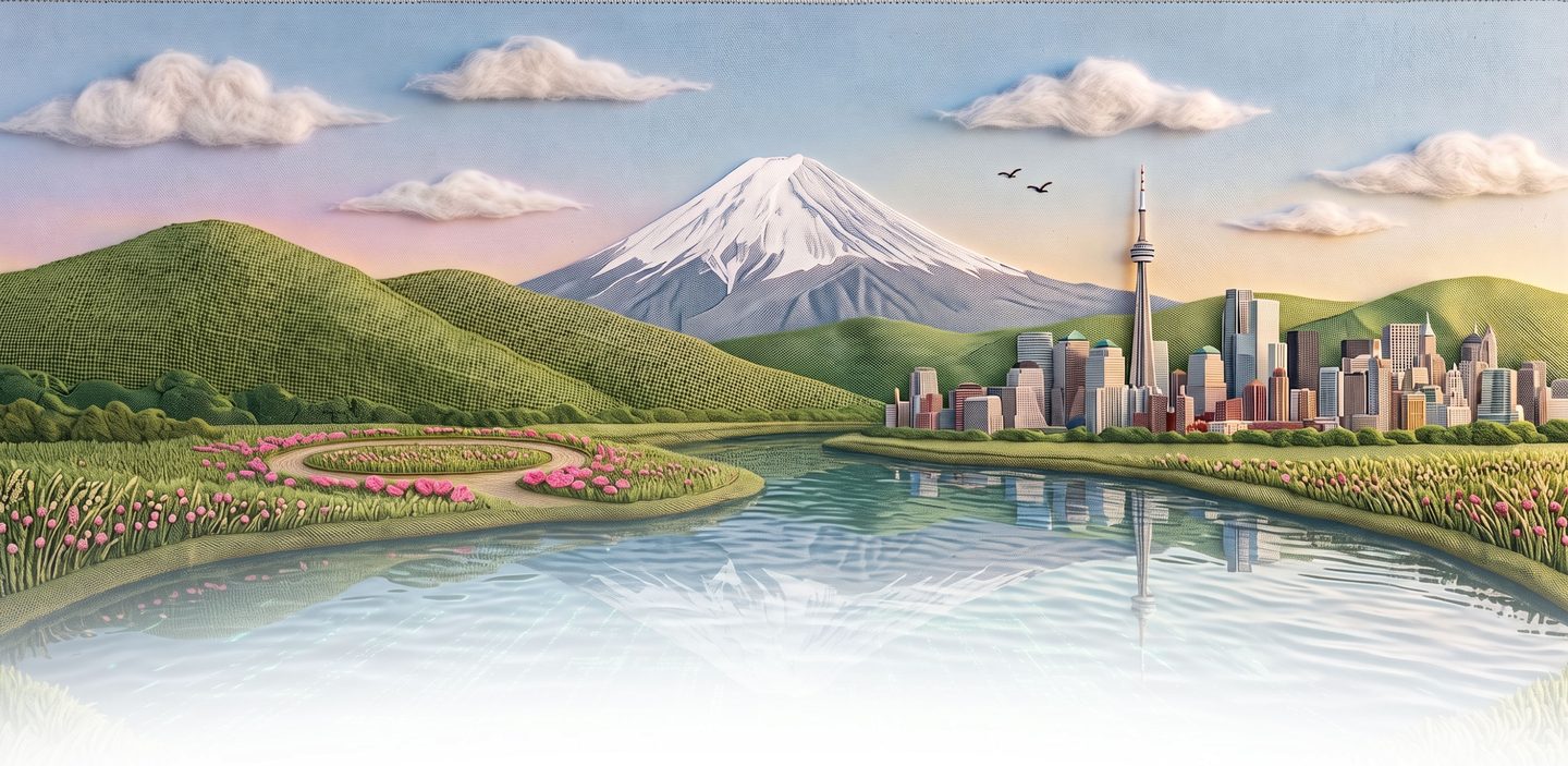 Illustrated landscape blending a Japanese mountain and cherry-lined lake with an Australian city skyline