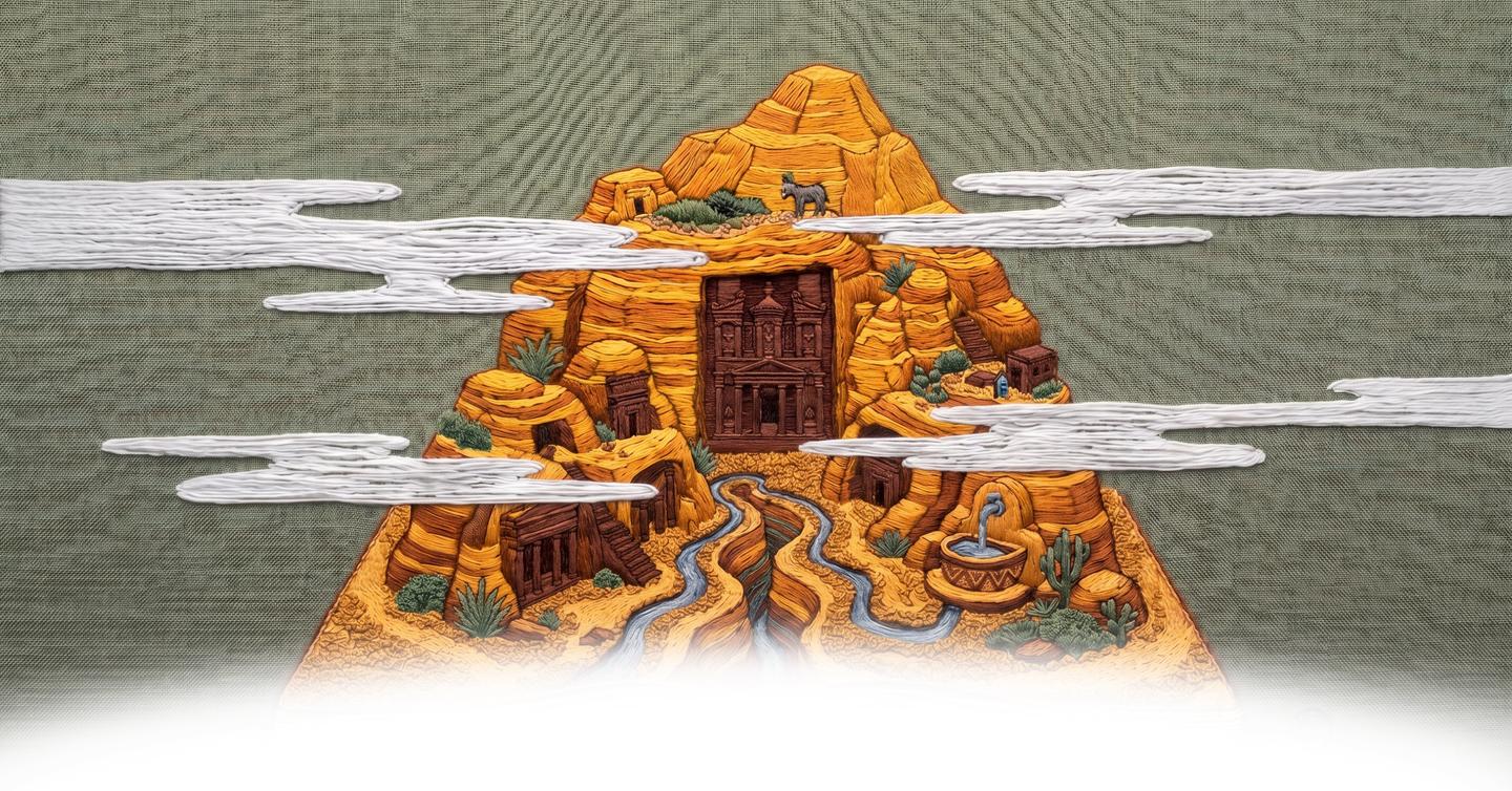 Illustrated desert landscape of rock-carved architecture, a winding stream and cacti, with clouds floating in front of the mountains