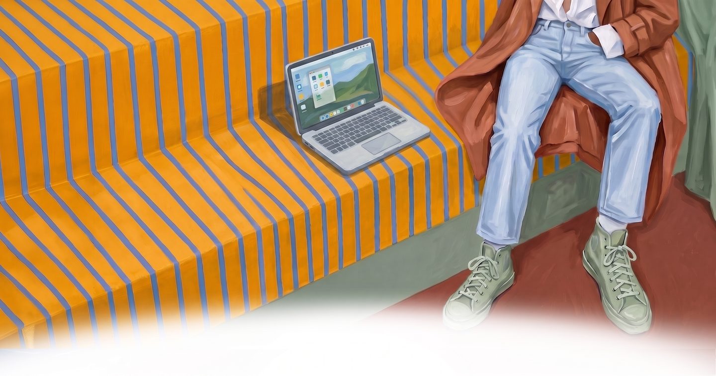 Illustrated figure sitting with a laptop on striped steps