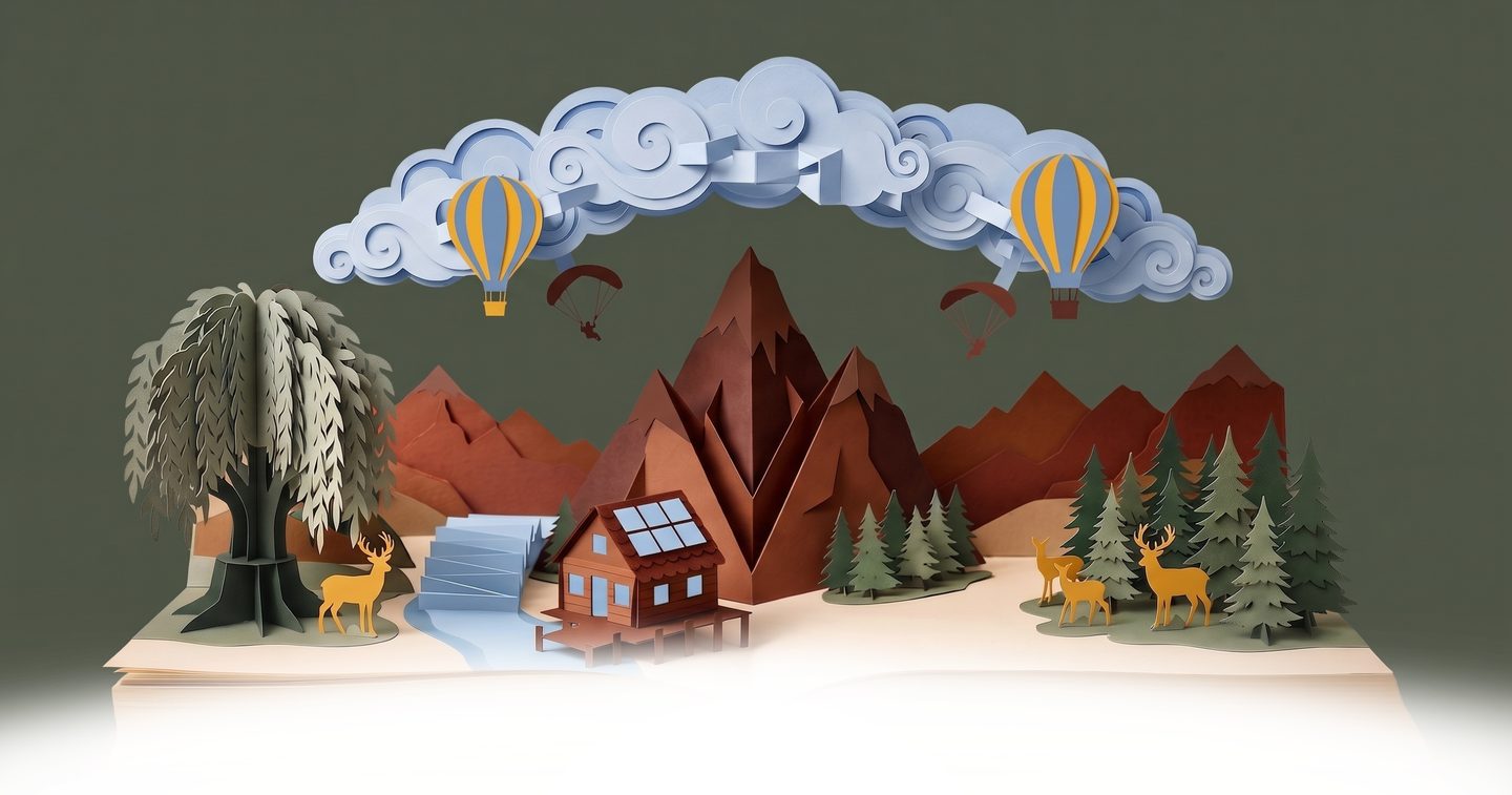 Illustrated mountain landscape with a cabin, river, deer, hot-air balloons and paper clouds