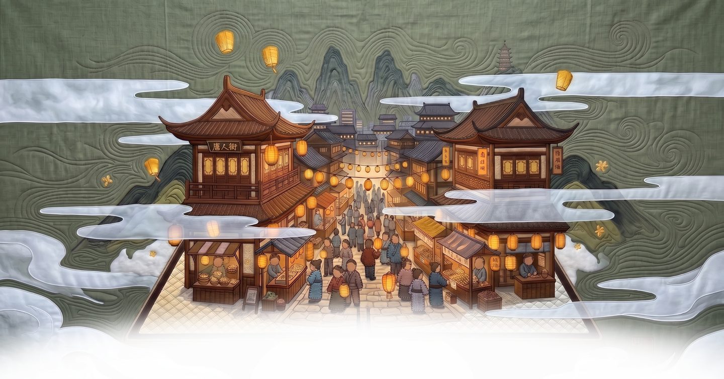Illustrated East Asian town at night, lantern-lit rooftops framed by clouds