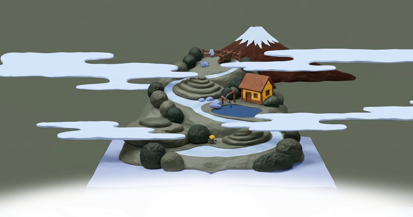 Illustrated pop-up landscape of a mountain, a house by a pond, and mossy hills rising from an open book
