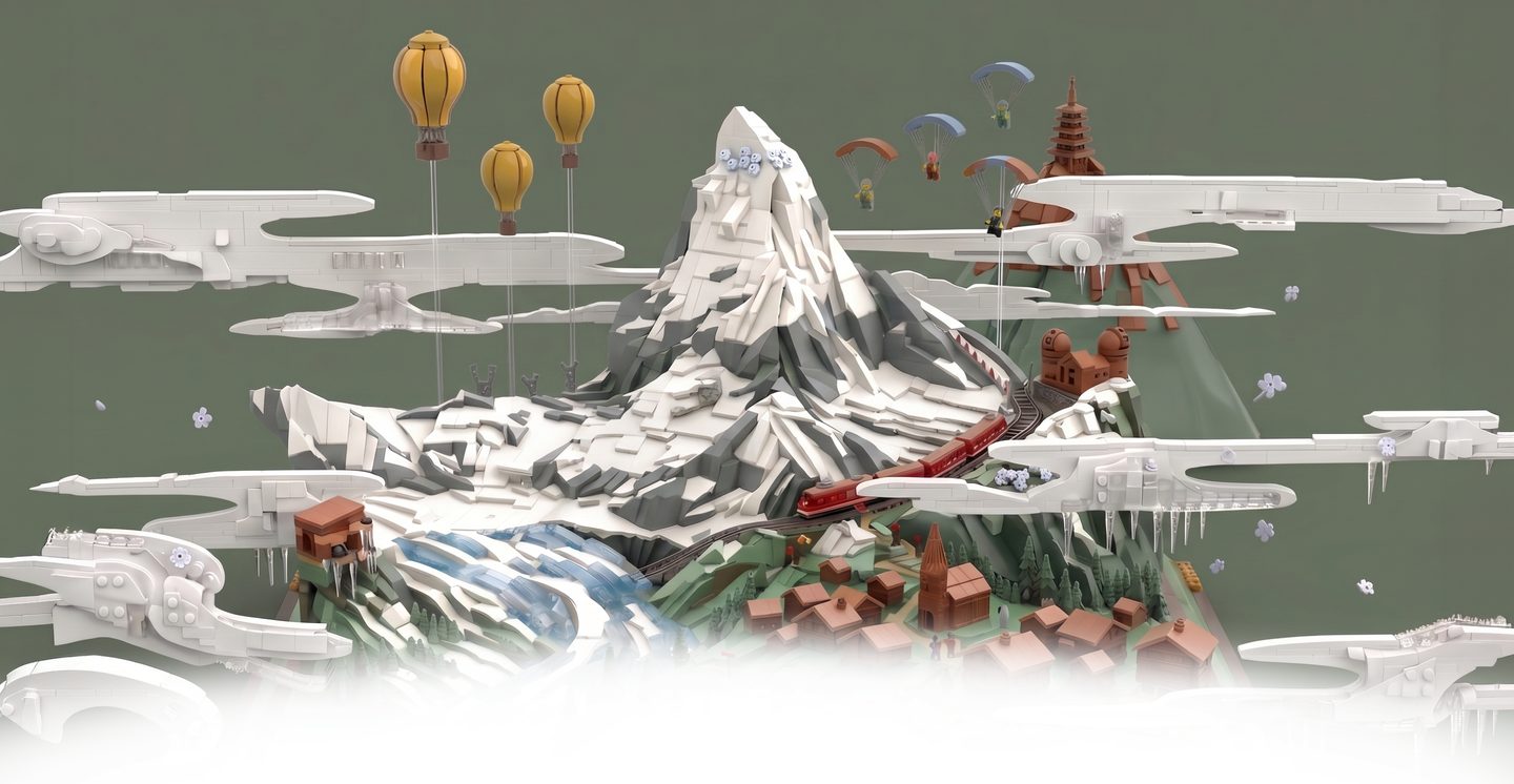 Illustrated snowy mountain with a red train, village, yellow hot-air balloons and paper clouds